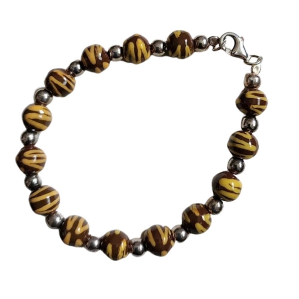 7.5" Brown and Tan Glass and SS Beads Sterling Silver‎ Lobster Claw Bracelet